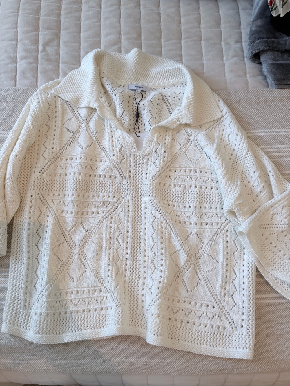 SUNCOO Open-Knit Collared Sweater in Cream